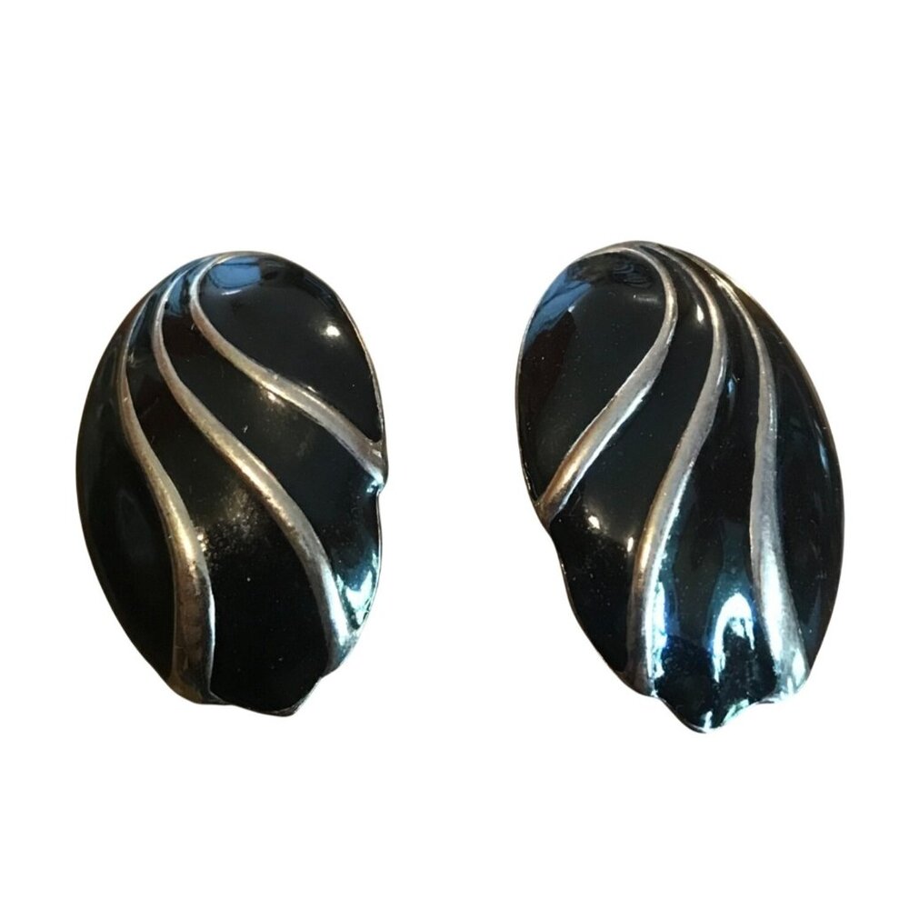 Clip on Earrings Oval Black Enamel & Silver Accent Classis Timeless 1"